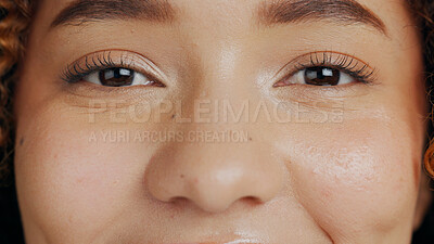 Face, eyes and woman closeup in studio for beauty, makeup and skincare treatment, happy and cheerful. Portrait, lash and girl model excited for microblading, eyelash and mascara, cosmetic and results