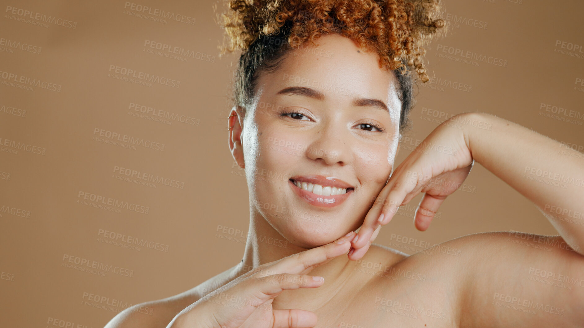 Buy stock photo Portrait of happy woman, natural beauty dermatology and cosmetic wellness in studio with smile. Skin glow, cosmetics or confident biracial female person with skincare mockup space on brown background