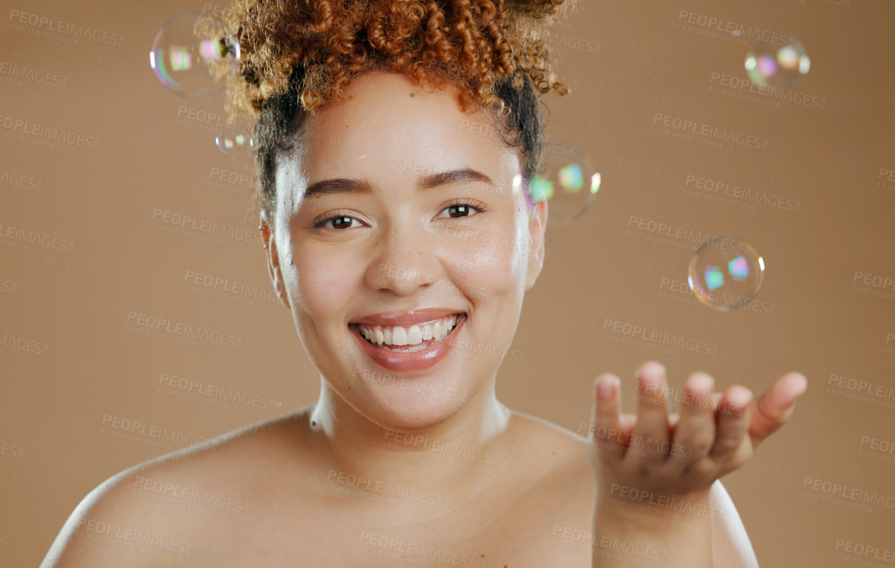 Buy stock photo Portrait, skincare and woman with bubbles in studio for beauty in mockup with brown background. Person, model and smile with satisfaction for wellness with treatment, smooth and glow of face