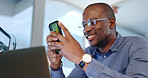 Business, smile and black man typing with phone in office for social media, internet and online networking. Communication, happy and male worker on smartphone for research, chatting and text message