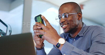 Buy stock photo Happy black man, phone and typing at office in communication, social media or networking. African businessman smile on mobile smartphone app for online chatting, texting or research at workplace