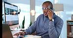 Black man, business and mobile phone call in office with notes, planning and computer for communication. African entrepreneur, businessman and smartphone with desktop pc, networking and discussion