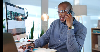 Buy stock photo Businessman, notes and phone call for research in office, working and discussion on proposal, report and project. Black person, internet and conversation on agenda, contact us and information in plan