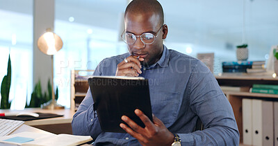 Buy stock photo Businessman, hold and tablet while thinking in office, late and work on app, telemarketing or analytics. Black person, face and reading of reports of data, online or documents for customer support