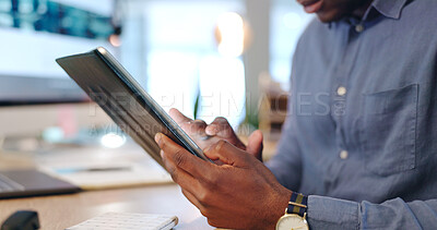 Buy stock photo Businessman, hands and tablet in research, communication or networking for planning at office. Closeup of male person with technology for social media, digital marketing or online search at workplace