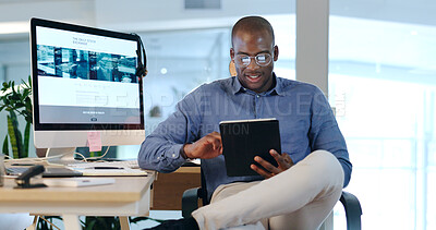 Buy stock photo Businessman, black man and tablet for internet, social media and research in modern office with glasses. Face, african person and touchscreen for reading, technology and online meme at work on break