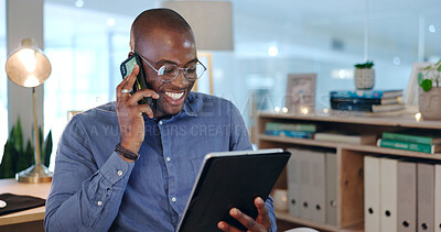 Buy stock photo African man, phone call and tablet in office at investing agency in night for deal, networking or email. Happy trader, touchscreen and black business owner with research on stock market