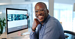 Black man, business and smile by office computer for web design, planning and pride for entrepreneurship. Happy African entrepreneur, businessman and website on desktop pc, portrait and workplace