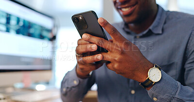 Buy stock photo Businessman, phone and hands typing in social media, communication or networking at office. Closeup of male person smile on mobile smartphone app for online chatting, texting or research at workplace