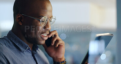 Buy stock photo Man, phone call and tablet for reading in office, investing agency or night for deal, networking or fintech. African trader, touchscreen and black business owner for research, ideas or stock market