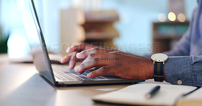 Buy stock photo Businessman, laptop and typing at office for communication, project or online research on table. Closeup of male person or employee working on computer for email, writing or schedule planning on desk