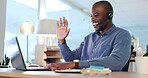 Video call, laptop and black man in virtual communication, callcenter or online meeting in business office. Happy person wave hello on computer for international support, talking and client advice