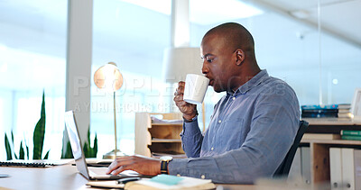 Buy stock photo Office, black man with desk with laptop and coffee, drinking and typing report, review or research article. Computer, internet and businessman with cup of tea writing blog, feedback or online editing