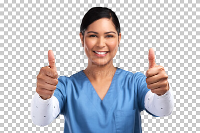 Buy stock photo Portrait, thumbs up and motivation with a nurse woman isolated on a transparent background for healthcare. Medical, thank you and support with a young medicine professional saying yes to like on PNG