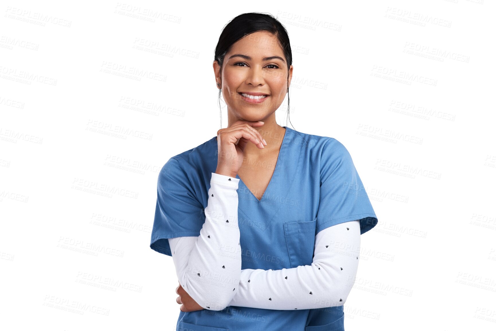 Buy stock photo Happy, healthcare and portrait of woman as a doctor in scrubs for nursing, cardiology or medicine. Expert surgeon, smile and a nurse or medical clinic worker isolated on a transparent png background