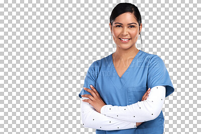 Buy stock photo Healthcare, portrait and woman as nurse with her arms crossed while isolated against a transparent png background. Medical professional, scrubs and female doctor or surgeon happy for health wellness