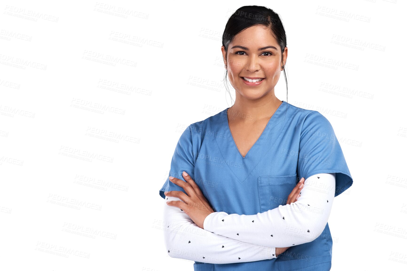 Buy stock photo Healthcare, portrait and woman as nurse with her arms crossed while isolated against a transparent png background. Medical professional, scrubs and female doctor or surgeon happy for health wellness