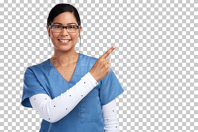 Buy stock photo Portrait, smile and woman doctor pointing, isolated on transparent png background and glasses in health promo. Advice, happy female medical expert or nurse showing healthcare tips or announcement.