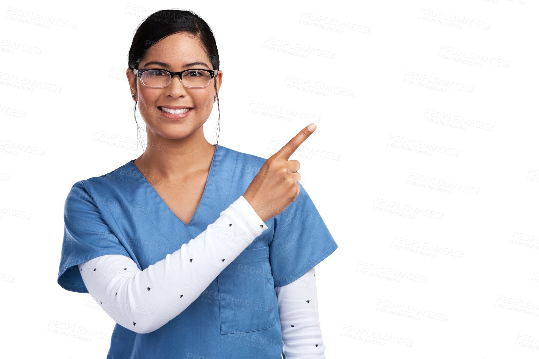 Buy stock photo Portrait, smile and woman doctor pointing, isolated on transparent png background and glasses in health promo. Advice, happy female medical expert or nurse showing healthcare tips or announcement.