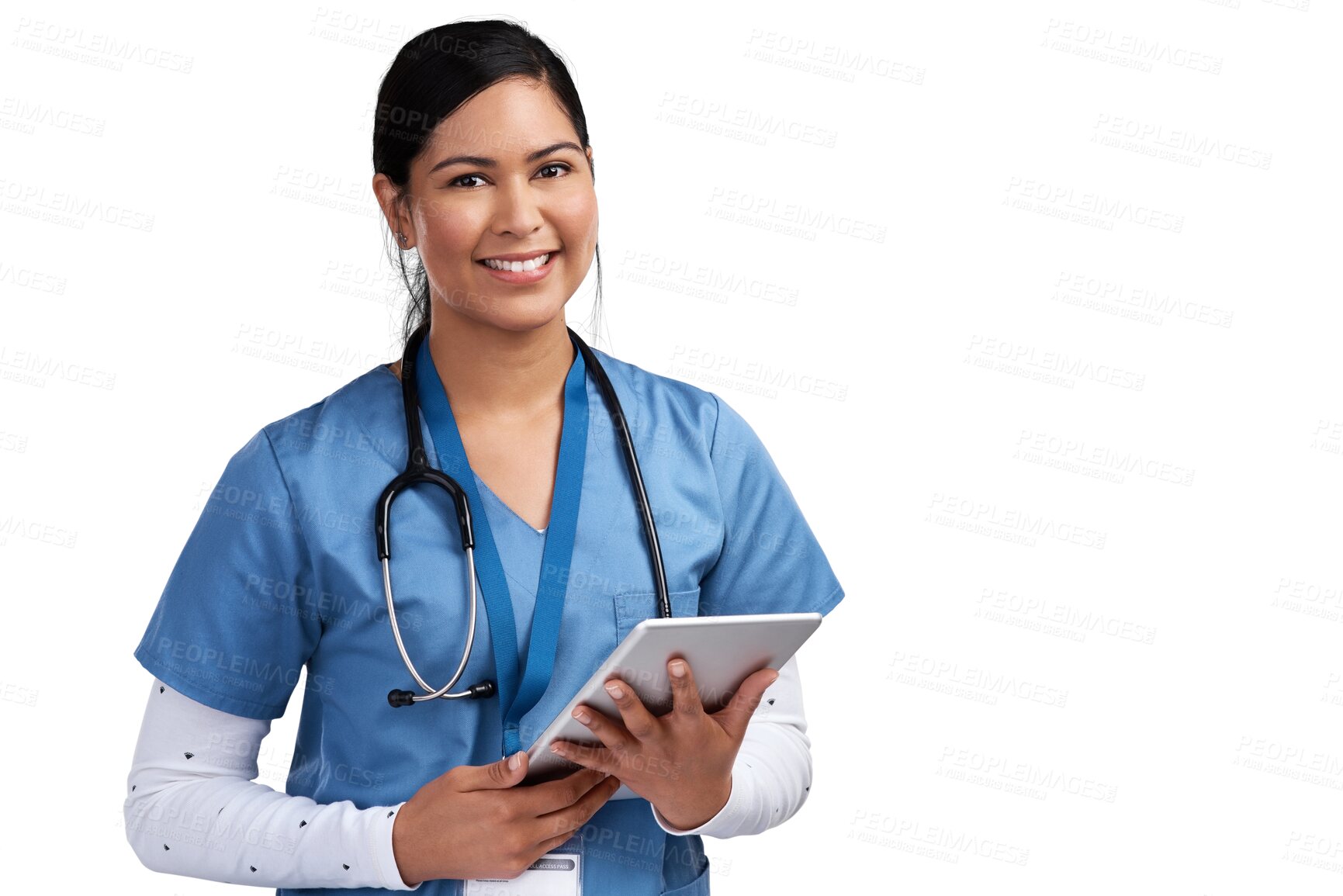 Buy stock photo Doctor, tablet and woman in portrait isolated on transparent, png background for telehealth service or paperless management. Happy face of medical worker, nurse or person with digital technology
