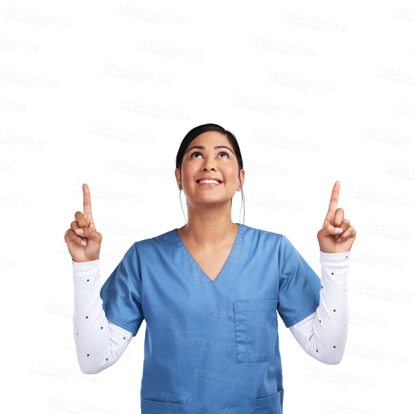 Buy stock photo Smile, woman doctor pointing and looking up, isolated on transparent png background in top health care promo. Caregiver, happy female medical expert or nurse showing healthcare tips or announcement.