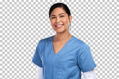 Buy stock photo Portrait, smile and healthcare with a nurse woman isolated on a transparent background for treatment. Medical, happy and trust with a young mexican female medicine professional in scrubs on PNG