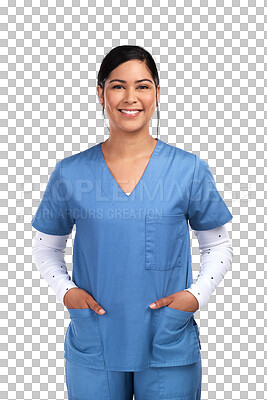 Buy stock photo Medical, professional and portrait of a happy female doctor, nurse or surgeon in scrubs. Confidence, smile and face of a young Mexican woman healthcare worker isolated by transparent png background