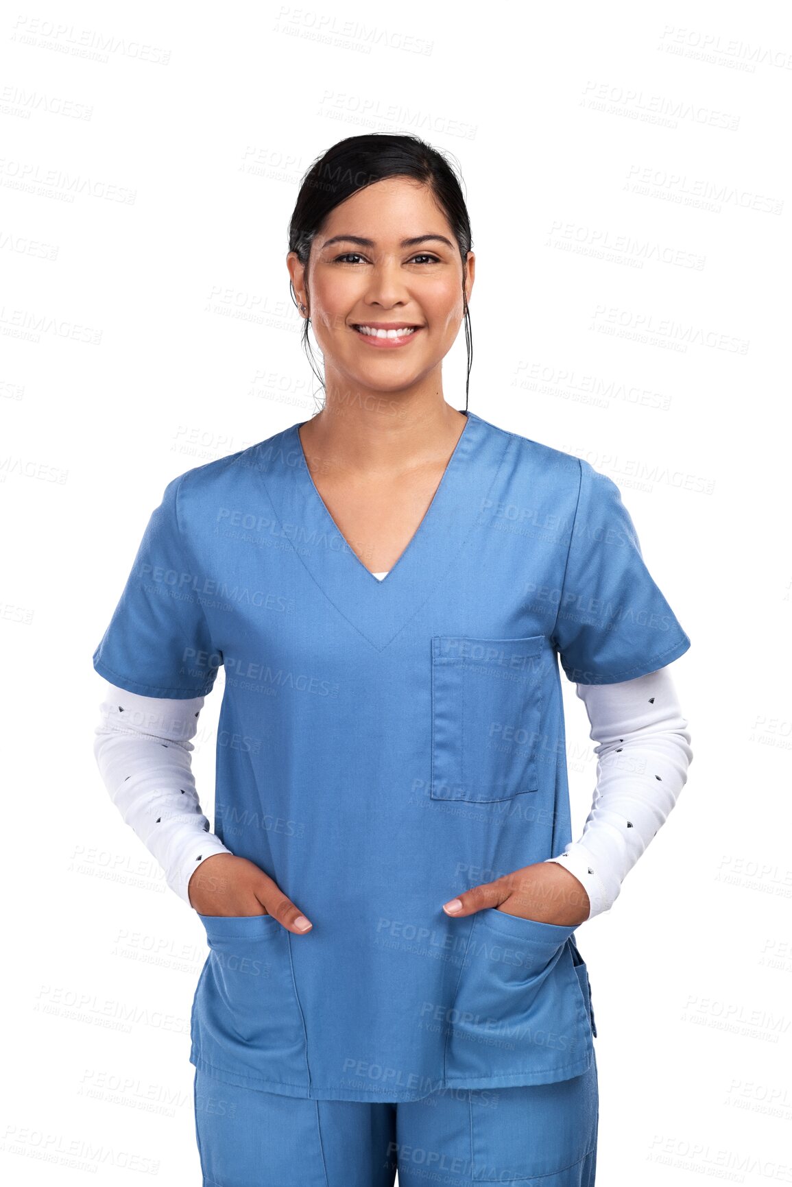Buy stock photo Medical, professional and portrait of a happy female doctor, nurse or surgeon in scrubs. Confidence, smile and face of a young Mexican woman healthcare worker isolated by transparent png background