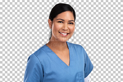 Buy stock photo Healthcare, portrait and professional woman nurse, doctor or surgeon in scrubs with confidence. Happy, nursing and face of a young Mexican female medical worker isolated by transparent png background