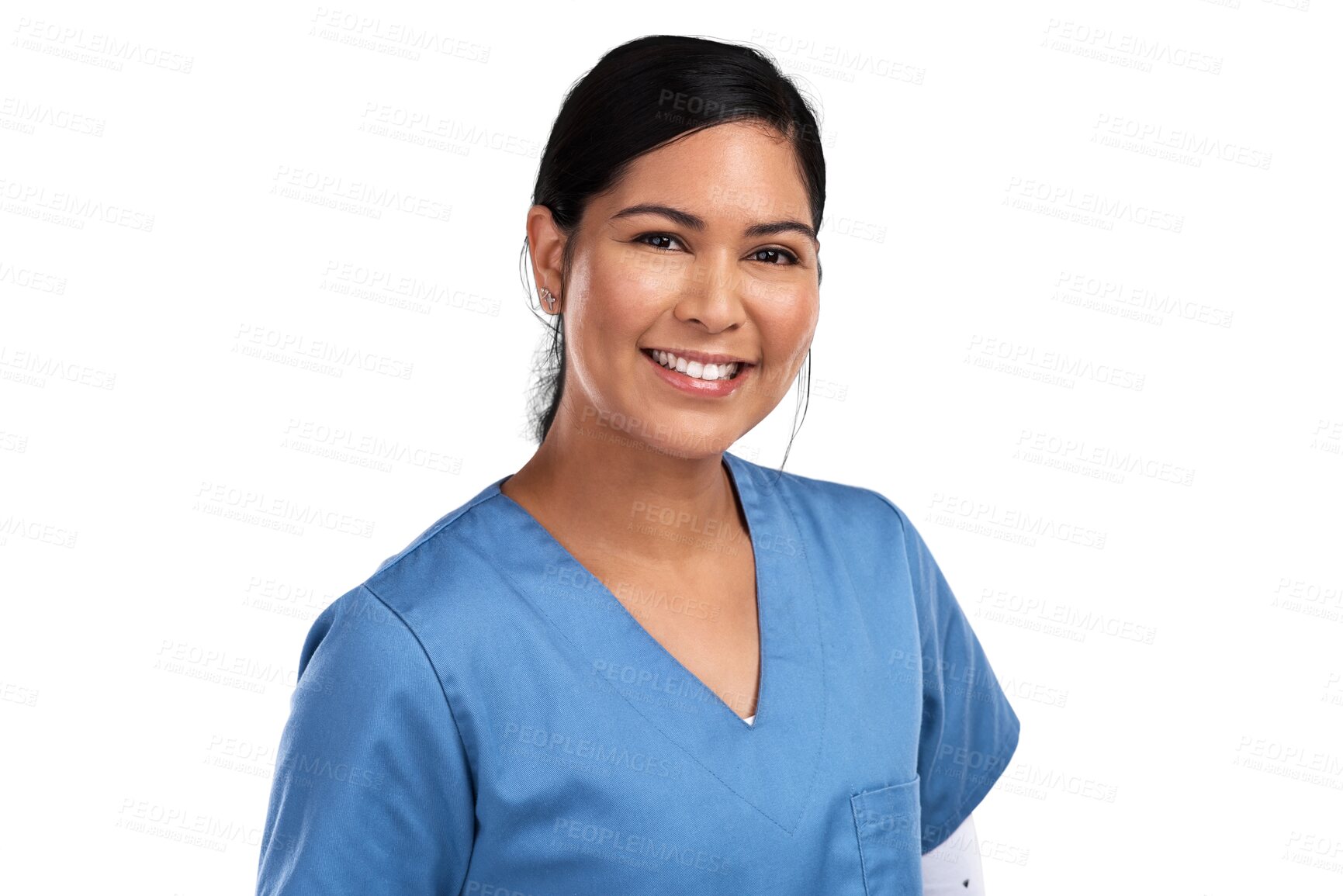 Buy stock photo Healthcare, portrait and professional woman nurse, doctor or surgeon in scrubs with confidence. Happy, nursing and face of a young Mexican female medical worker isolated by transparent png background