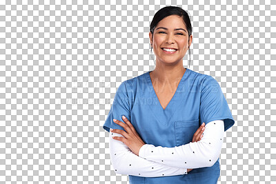 Buy stock photo Nurse in portrait, woman with arms crossed and happy, healthcare professional isolated on transparent png background. Mexican female person in medicine with smile, hospital staff and nursing