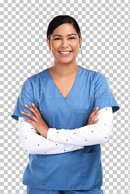 Buy stock photo Nurse in portrait, woman and arms crossed with healthcare, professional with smile isolated on transparent png background. Happy female person in medicine, hospital staff and health with nursing