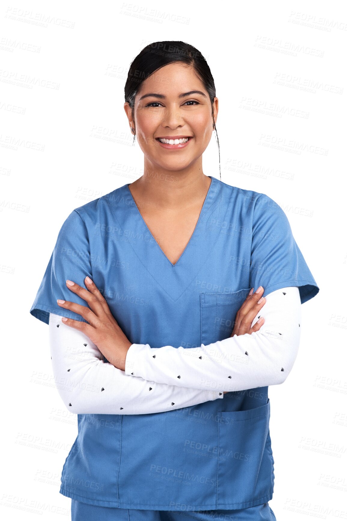 Buy stock photo Nurse in portrait, woman and arms crossed with healthcare, professional with smile isolated on transparent png background. Happy female person in medicine, hospital staff and health with nursing