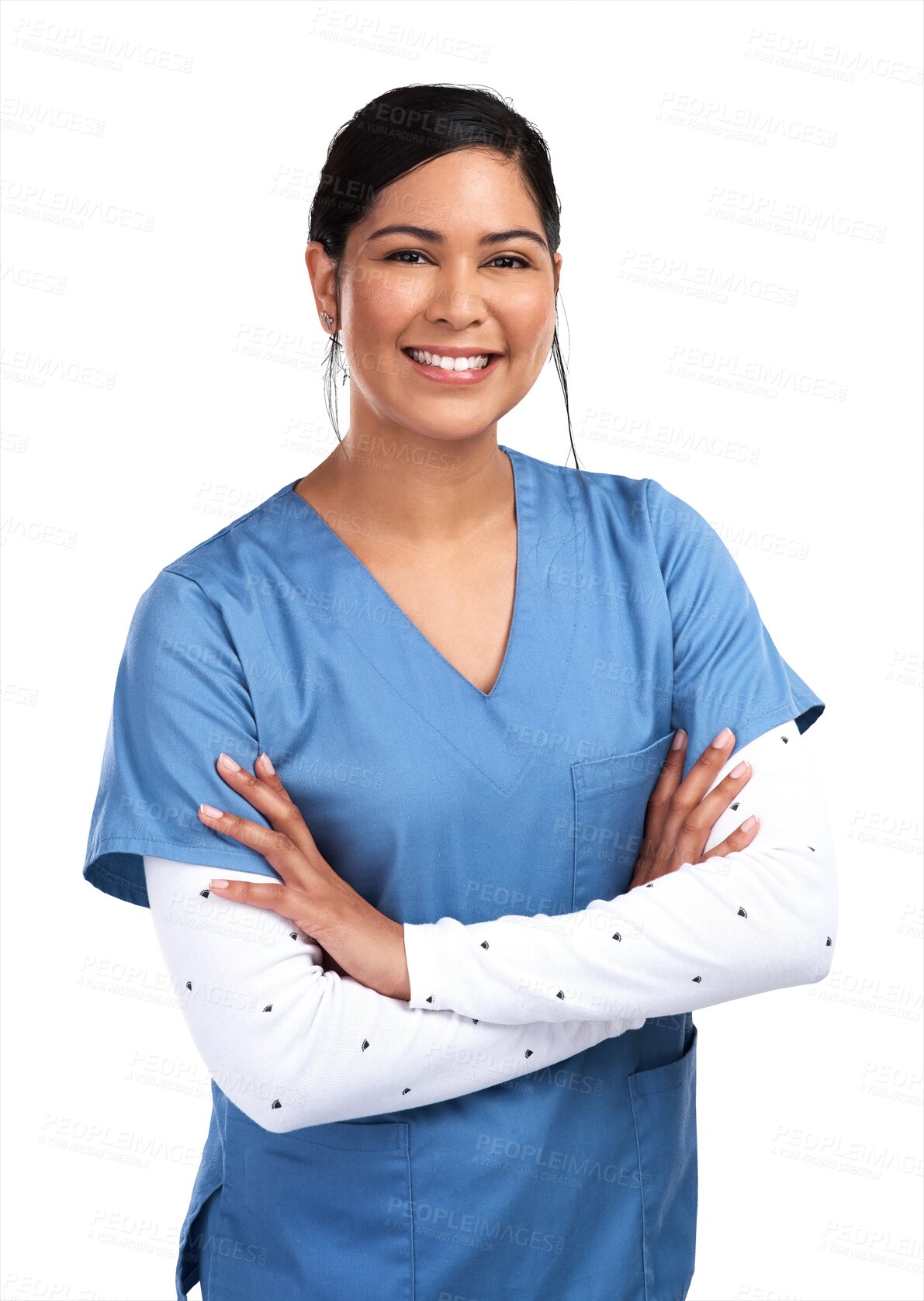 Buy stock photo Nurse in portrait, woman with arms crossed and happy healthcare professional isolated on transparent png background. Female doctor, medicine and smile of hospital staff, health and pride for nursing