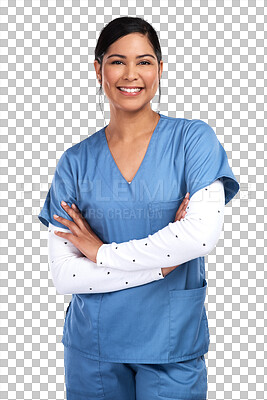 Buy stock photo Nurse in portrait, woman and arms crossed with confidence, healthcare professional isolated on transparent png background. Happy female person in medicine, hospital staff and health with nursing