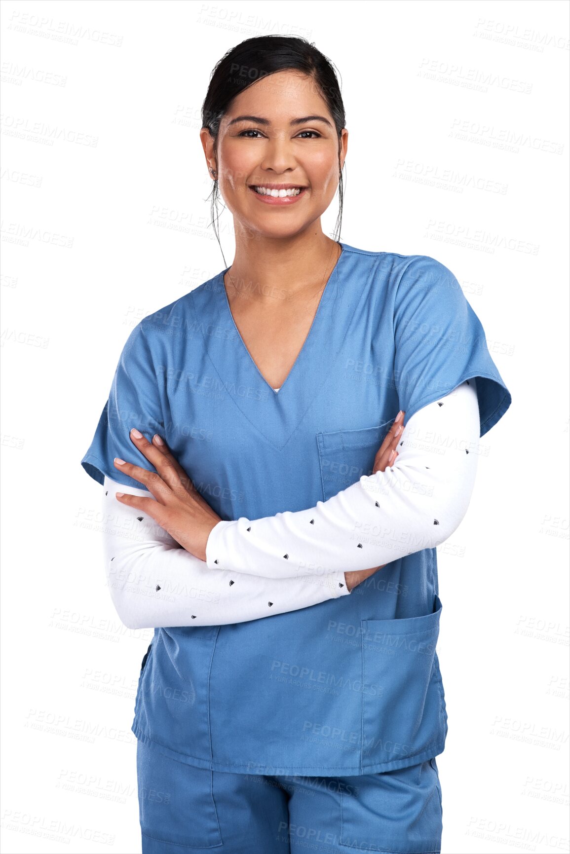 Buy stock photo Nurse in portrait, woman and arms crossed with confidence, healthcare professional isolated on transparent png background. Happy female person in medicine, hospital staff and health with nursing