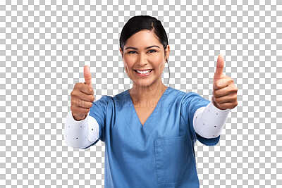 Buy stock photo Portrait, thumbs up and support with a nurse woman isolated on a transparent background for healthcare. Medical service, thank you and motivation with medicine professional saying yes to like on PNG