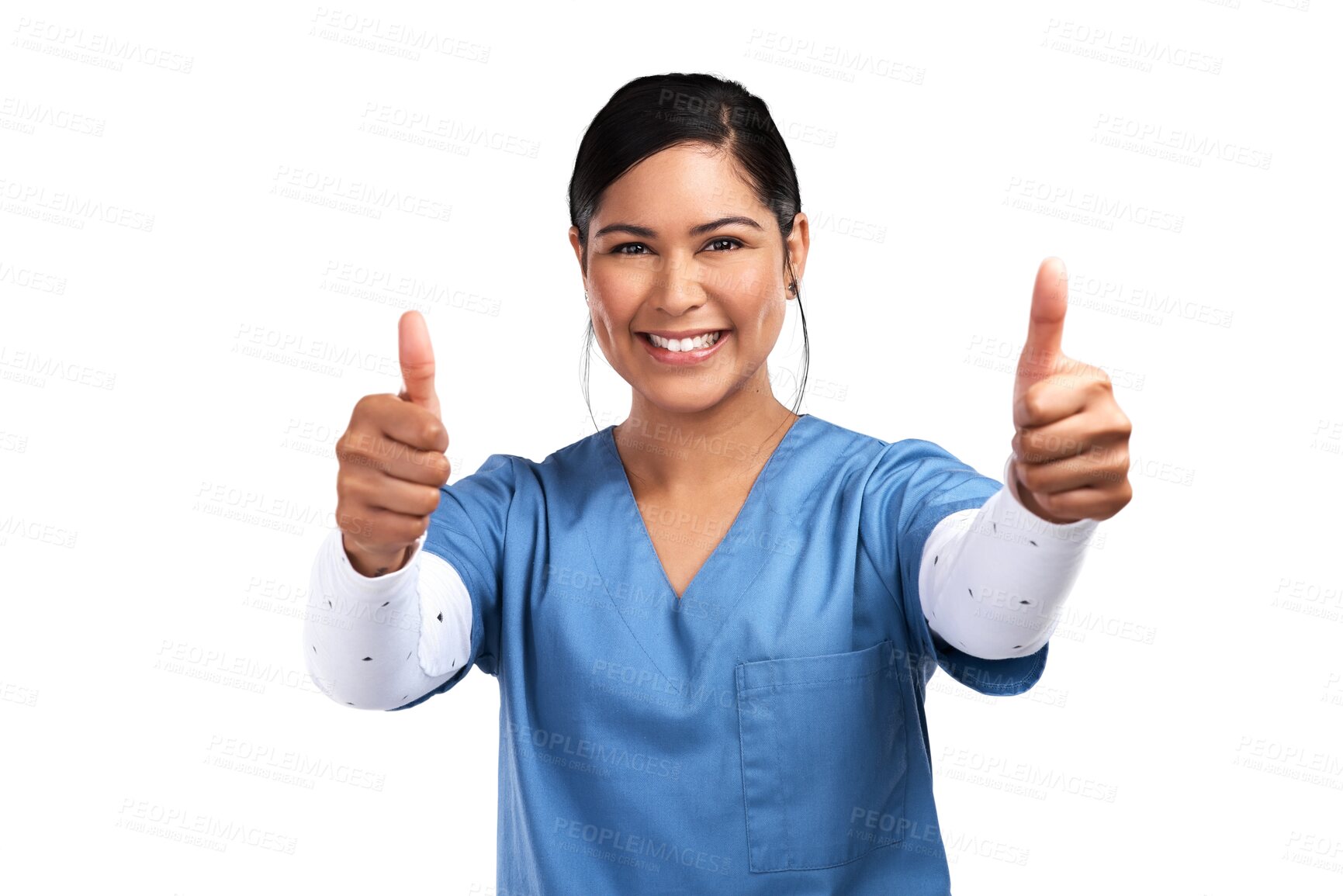 Buy stock photo Portrait, thumbs up and support with a nurse woman isolated on a transparent background for healthcare. Medical service, thank you and motivation with medicine professional saying yes to like on PNG