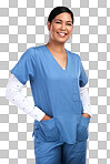 PNG portrait of a young doctor standing with her hands tucked into her scrubs 