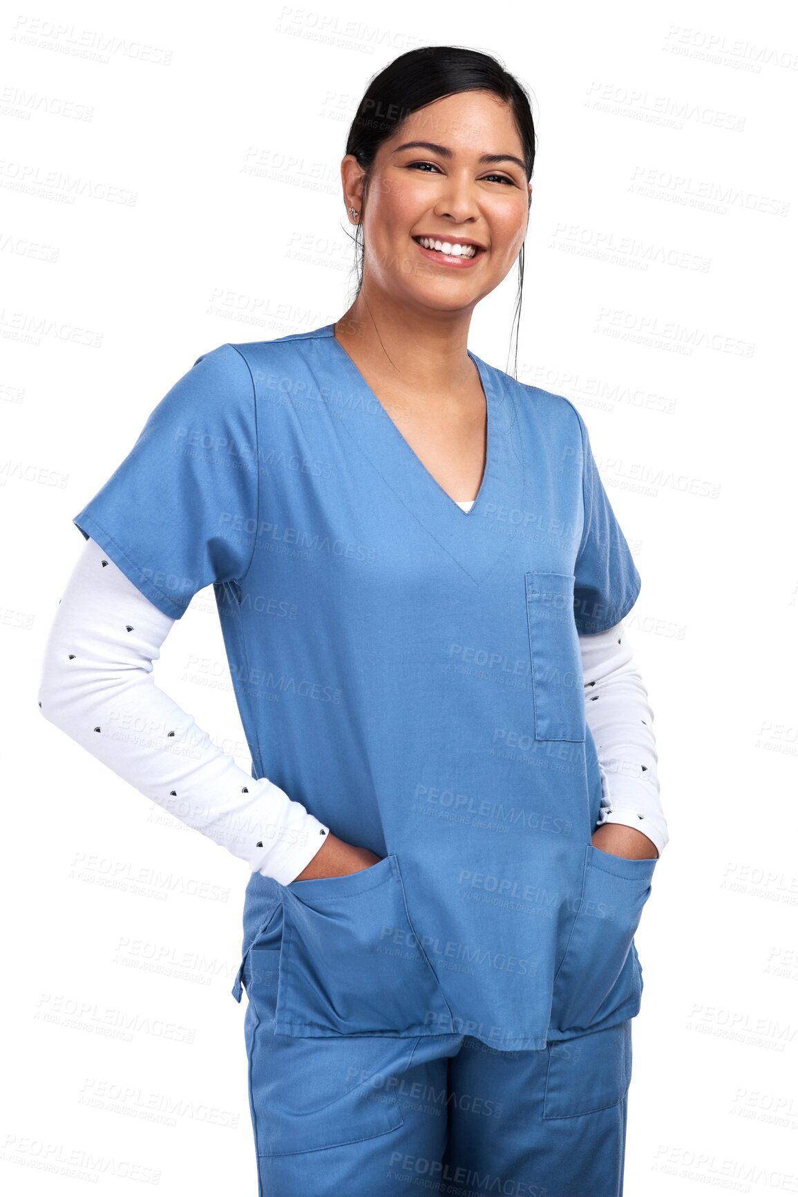 Buy stock photo Portrait, happy and medical with a nurse woman isolated on a transparent background for insurance or treatment. Healthcare, smile and trust with a young female medicine professional in scrubs on PNG