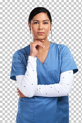 Buy stock photo Healthcare, medical worker and portrait of a nurse woman isolated on a transparent, png background. Face of professional female person, surgeon or doctor with scrubs for career in health and medicine