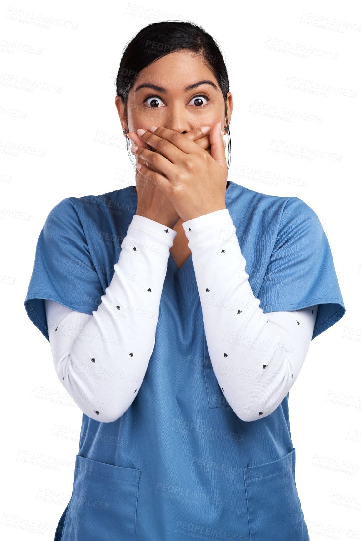 Buy stock photo Healthcare, shocked and medical nurse woman isolated on a transparent, png background. Face of professional person, surgeon or doctor with hands on mouth for wow surprise, miracle or announcement