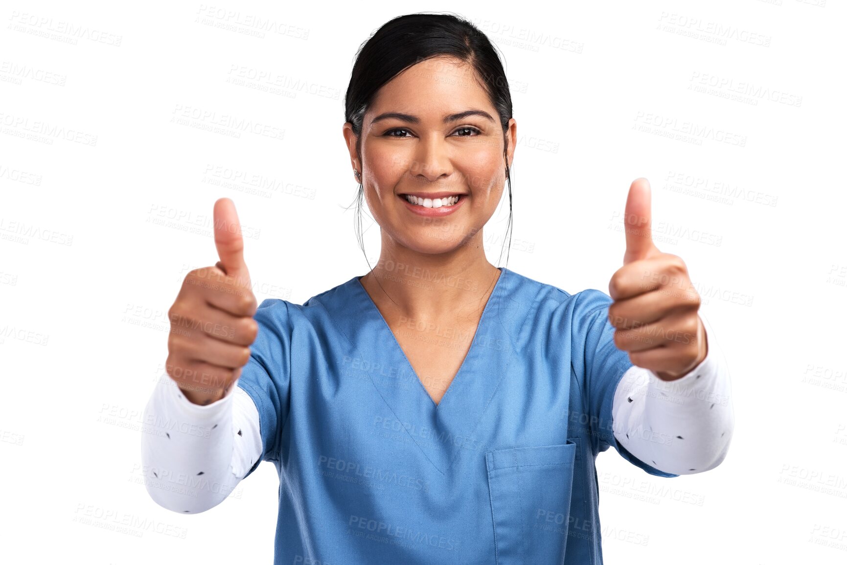 Buy stock photo Portrait, thumbs up and thank you with a nurse woman isolated on a transparent background for healthcare. Medical, motivation and support with a young medicine professional saying yes or like on PNG