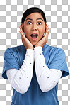 PNG portrait of a shocked young doctor in scrubs 