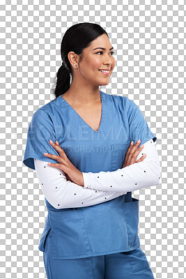 Buy stock photo Healthcare, thinking and a medical nurse woman isolated on a transparent, png background. Professional person, surgeon or doctor think with arms crossed and a smile for idea, medicine or career