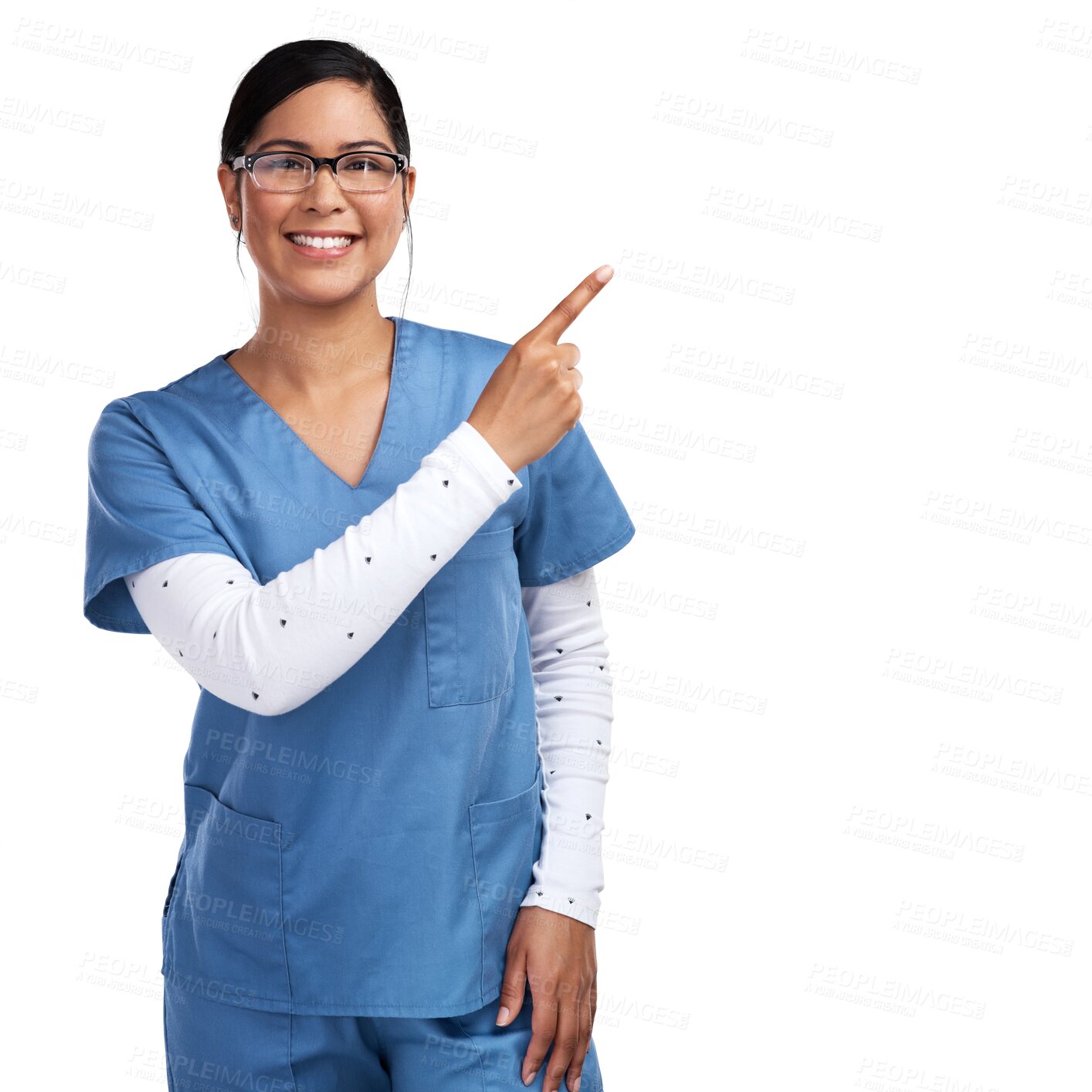 Buy stock photo Portrait, smile and woman doctor or nurse pointing, isolated on transparent png background and glasses in health promo. Advice, happy female medical caregiver showing healthcare tips or announcement.
