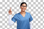 PNG portrait of a young doctor wearing glasses and scrubs, pointing up 