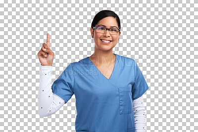 Buy stock photo Portrait, smile and woman doctor pointing up, isolated on transparent png background and glasses in health promo. Advice, happy female medical expert or nurse showing healthcare tips or announcement.