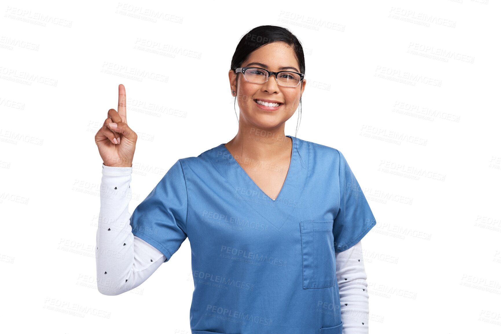 Buy stock photo Portrait, smile and woman doctor pointing up, isolated on transparent png background and glasses in health promo. Advice, happy female medical expert or nurse showing healthcare tips or announcement.