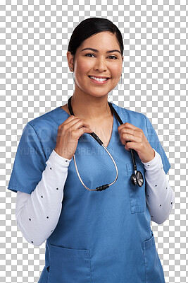 Buy stock photo Healthcare, stethoscope and a portrait of nurse woman isolated on a transparent png background. Professional person, surgeon or cardiology doctor with smile for health insurance and medicine career